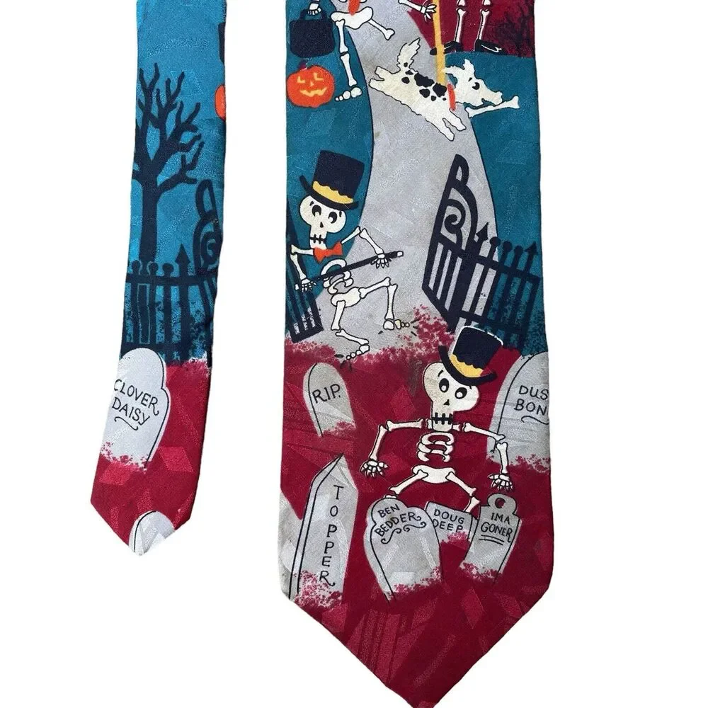 Hallmark Celebrations‎ Mens Halloween Neck Tie Trumpet Playing Skeletons Dogs